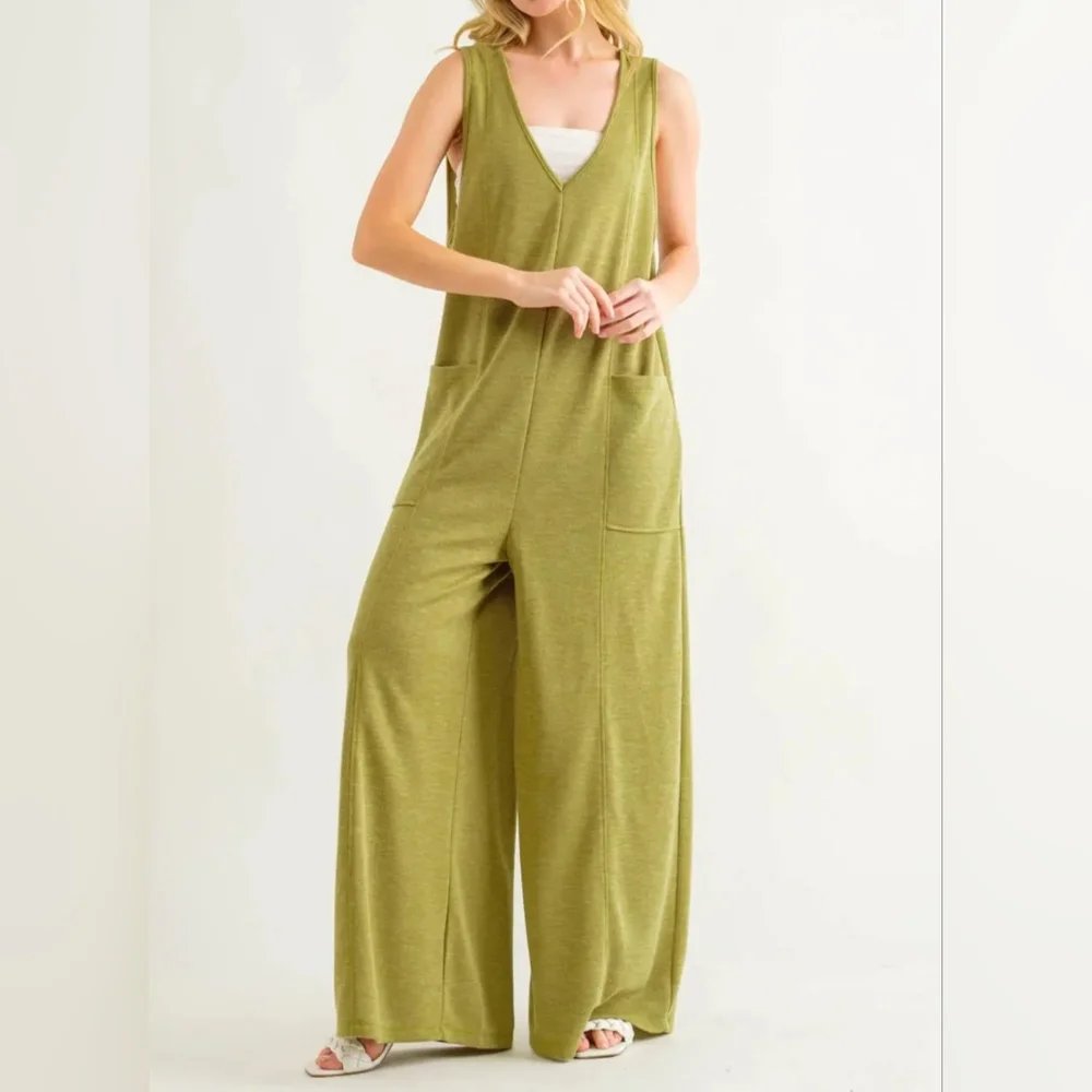 #0393 🛑S BOHO V-neck Jumpsuit With Front Pockets - Picture 2 of 5